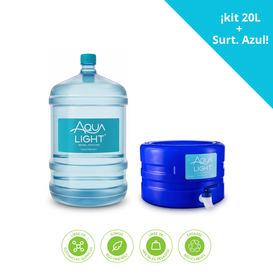 Kit Inicial: Bidón 20L con Envase + Surtidor de Mesa Azul Kit Inicial: Bidón 20L con Envase + Surtidor de Mesa Azul